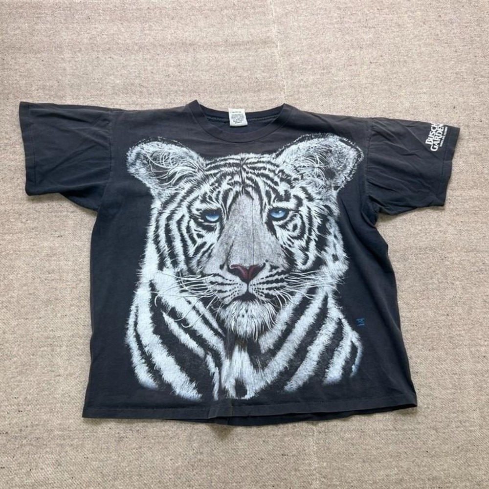 Vintage Busch Garden Shirt Mens XL Black 1990s White Tiger AOP Extinction